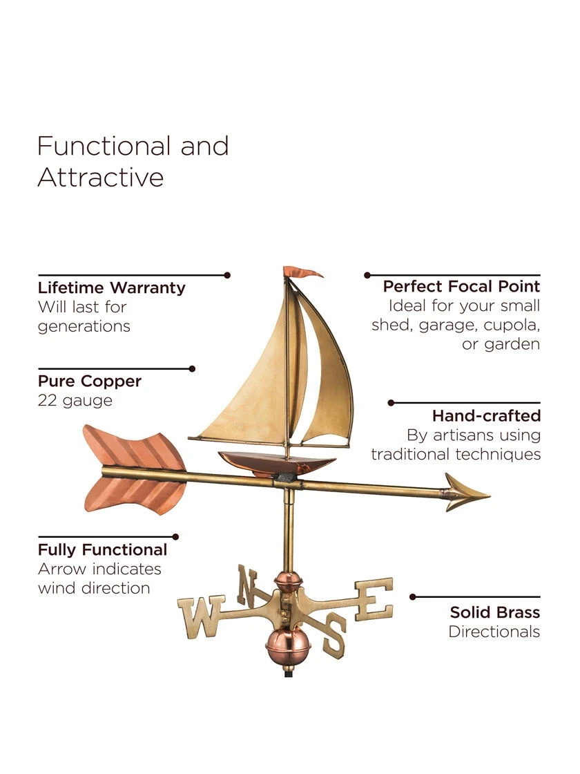 Sailboat Cottage Copper Weathervane With Roof Mount 2 Sailboat Cottage Copper Weathervane With Roof Mount - Image 2