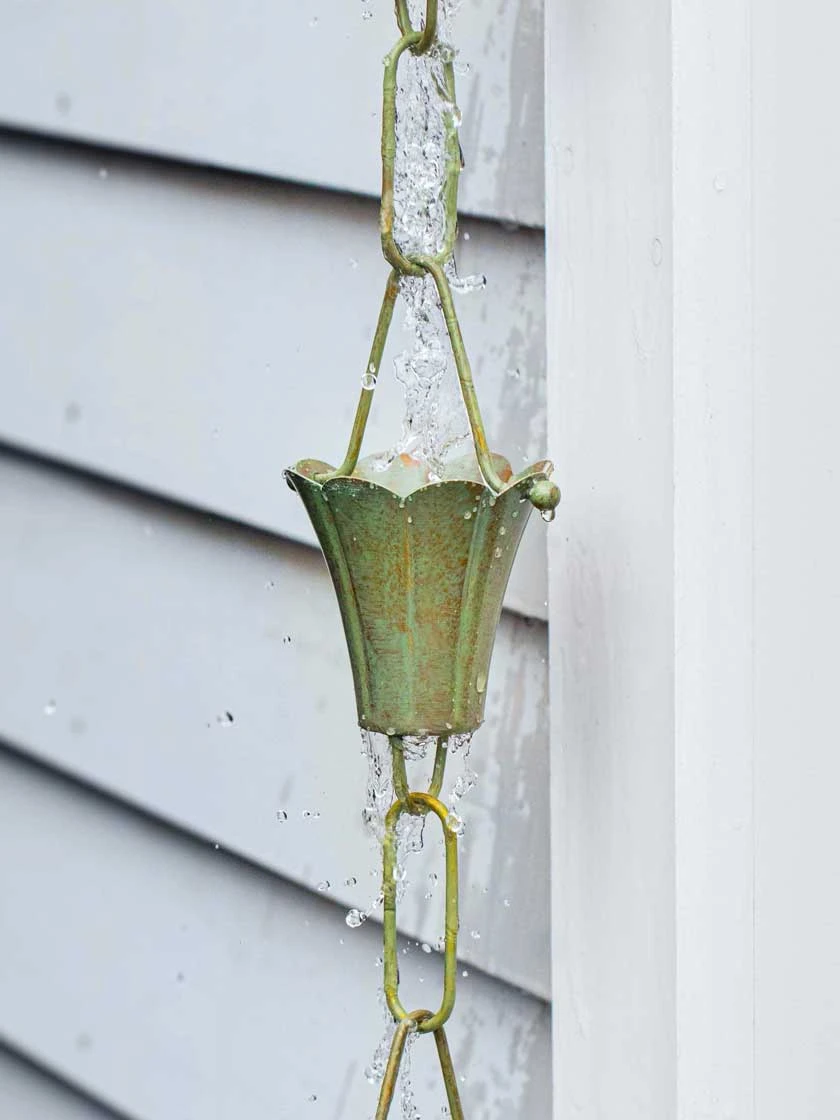 Fluted Flower Pure Copper Rain Chain, 8.5' 4 Fluted Flower Pure Copper Rain Chain, 8.5' - Image 4